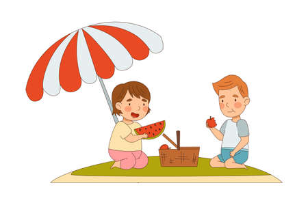 Smiling Little Boy and Girl Enjoying Summer Having Picnic Sitting on Green Lawn with Basket Eating Fruit Vector Illustrationのイラスト素材