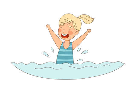 Smiling Little Girl in Swimsuit Enjoying Summer Splashing in Water Vector Illustrationのイラスト素材