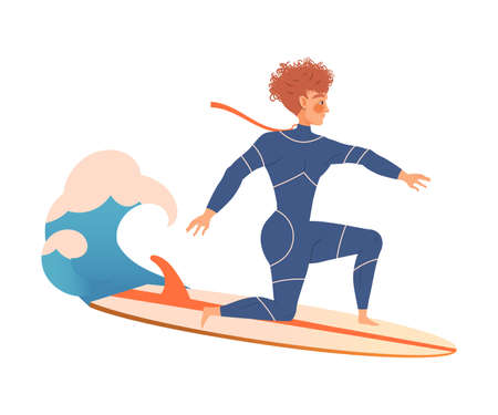Man Surfer Character on Surf Board Riding Moving Wave of Water Vector Illustrationのイラスト素材