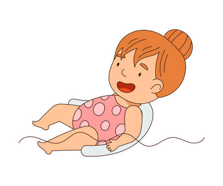 Little Girl in Swimsuit with Pool Noodle Swimming in Water Vector Illustrationのイラスト素材