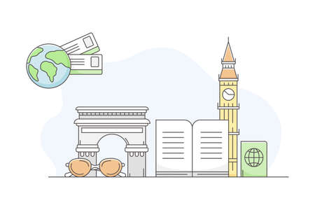 Travelling Around the World and Journey to Foreign Country for Vacation with Famous Landmark and Guide Book Line Vector Compositionのイラスト素材