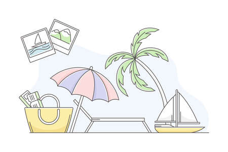 Travelling and Journey for Vacation with Beach Deckchair and Umbrella for Sunbathing Line Vector Compositionのイラスト素材