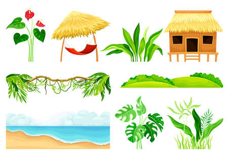 Tropical Landscape Element with Hut, Sea Shore and Green Exotic Foliage Vector Setのイラスト素材