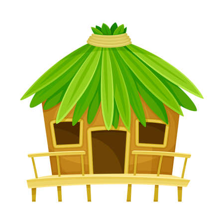 Tropical Hut or Bungalow with Roof of Palm Leaves Vector Illustrationのイラスト素材