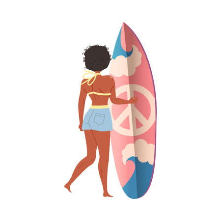 Woman Surfer Character in Swimsuit Standing with Surf Board Back View Vector Illustrationのイラスト素材