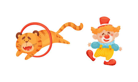 Circus Tiger Animal Jumping Through Circle and Clown Performing Trick Vector Setのイラスト素材