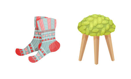 Warm Knitted Socks and Stool as Hygge and Coziness and Comfortable Symbol Vector Setのイラスト素材