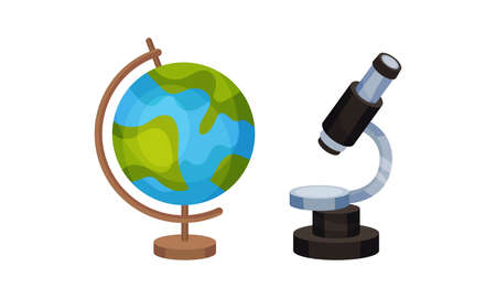 Globe and Microscope as Back to School Symbol and Stationery Object Vector Setのイラスト素材