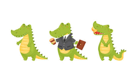 Green Crocodile or Gator Character with Open Mouth and Walking with Briefcase Vector Setのイラスト素材