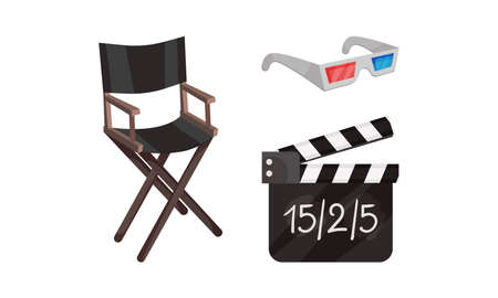 Cinema Elements with Director Chair and 3D Glasses Vector Composition Setのイラスト素材
