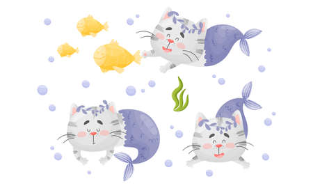 Grey Cat Mermaid with Fish Tail and Floral Wreath Floating on the Ocean Bottom Vector Setのイラスト素材