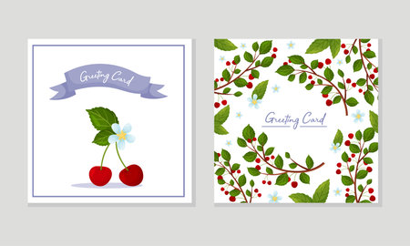Greeting Card with Red Cherry Berry Branch and Blooming Flower Vector Template Set