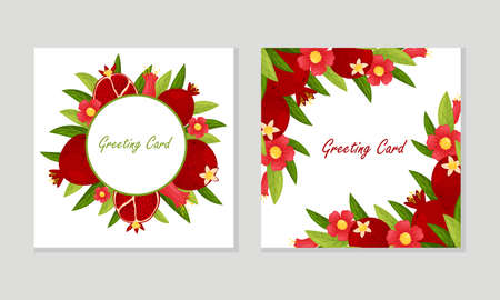 Greeting Card with Red Pomegranate Fruit and Blooming Flower Vector Template Setのイラスト素材