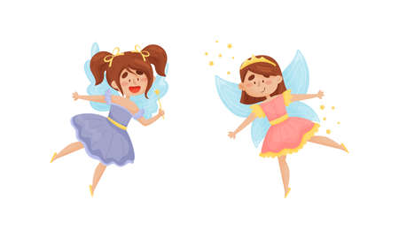 Cute Fairy or Pixie with Etherial Wings and Tiara Holding Magic Wand Vector Setのイラスト素材