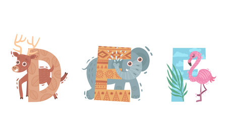 Animal Alphabet Capital Letter with Deer and Elephant Vector Setのイラスト素材