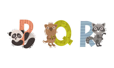 Animal Alphabet Capital Letter with Panda Bear and Raccoon Vector Setのイラスト素材