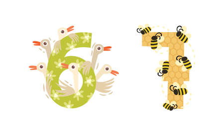 Animal Number and Numeral with Goose and Bee Vector Setのイラスト素材