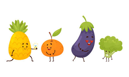 Cute Fruit and Vegetable Couples Proposing with Ring and Smiling Vector Setのイラスト素材