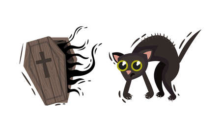Coffin of Dracula and Black Cat as Halloween Symbol Vector Setのイラスト素材