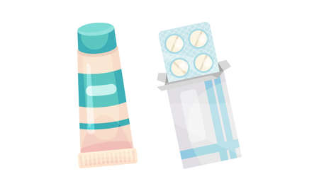 Blister Pack with Tablet or Pill and Tube as Pharmaceutical Medication Vector Setのイラスト素材