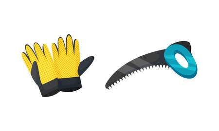 Protective Gloves and Saw as Garden Tools and Equipment Vector Setのイラスト素材