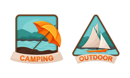 Camping and Outdoor Exploration Badge with Umbrella and Ship Vector Setのイラスト素材