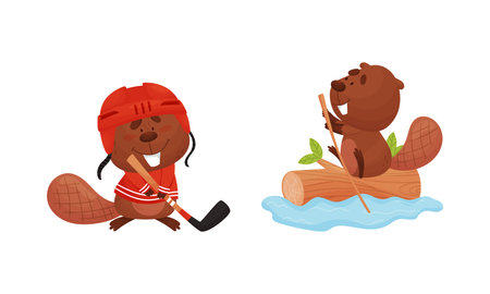 Funny Beaver Character with Flat Tail Playing Ice Hockey and Floating on Log Vector Setのイラスト素材