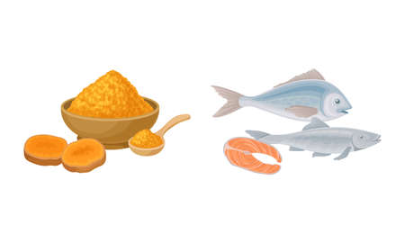 Tumeric Orange Powder in Bowl and Fish as Healthy Balanced Food Vector Setのイラスト素材