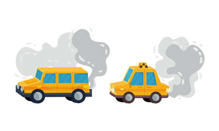 Car and Motor Road Vehicle Emitting Exhaust Gas Contaminating Air Vector Setのイラスト素材