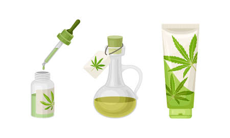 Cannabis Oil in Jar with Label and Cream in Tube Vector Setのイラスト素材