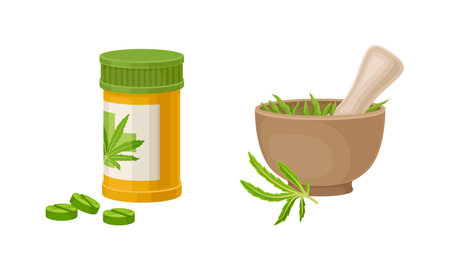 Cannabis Tablet in Bottle and Pestle Grounding Plant in Mortar Vector Setのイラスト素材