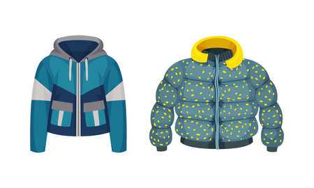 Fashionable women outerwear set. Cropped warm jackets. Stylish winter, spring or autumn clothing vector illustrationのイラスト素材