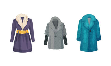 Fashionable women outerwear set. Warm coat, stylish winter, spring or autumn clothing vector illustrationのイラスト素材