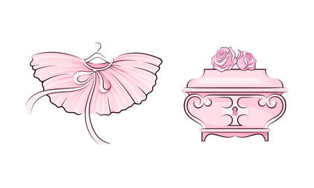 Ballerina accessories set. Pink box and ballet skirt hand drawn vector illustrationのイラスト素材