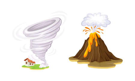 Natural disasters set. Tornado and volcano eruption cartoon vector illustrationのイラスト素材