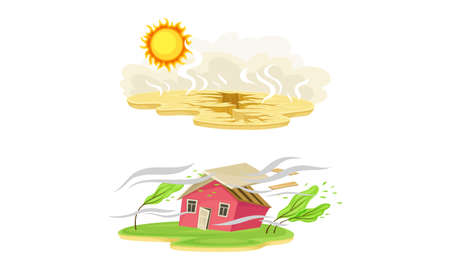 Natural disasters set. Drought and hurricane cartoon vector illustrationのイラスト素材