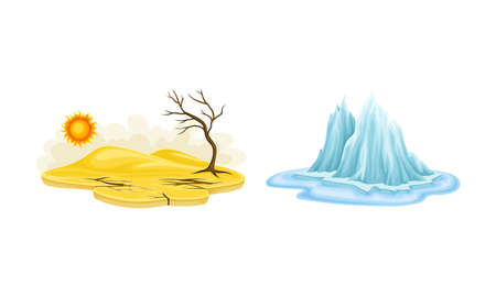 Natural disasters set. Drought and melting of glaciers cartoon vector illustrationのイラスト素材