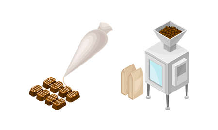 Chocolate production set. Chocolate bars decorating and packaging vector illustrationのイラスト素材