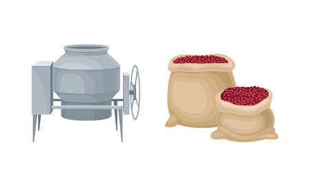 Coffee industry production set. Sack of ripe coffee fruits and processing machine vector illustrationのイラスト素材