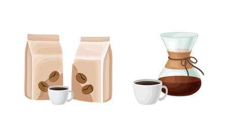 Coffee packagings and cup of hot aroma drink vector illustrationのイラスト素材