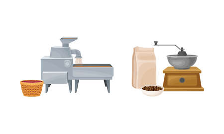 Coffee industry production set. Coffee beans hulling and grinding vector illustrationのイラスト素材