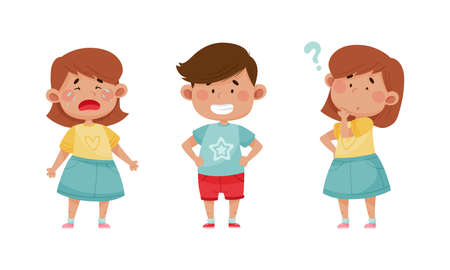 Cute kids emotions set. Children with different face expressions. Crying, cheerful, pensive boy and girls cartoon vector illustrationのイラスト素材