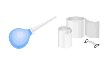 Set of different medical tools. Sterile bandage and enema rubber clyster vector illustrationのイラスト素材