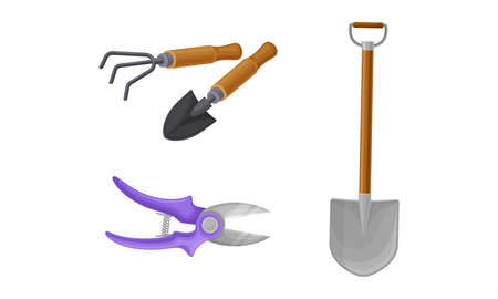 Set of gardening tools. Pruner, rake, scoop, shovel cartoon vector illustrationのイラスト素材