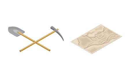 Mining geological industry tools set. Shovel, pickaxe and map vector illustrationのイラスト素材