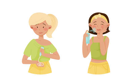 Facial treatment procedures set. Beautiful young woman applying cosmetic products on her face cartoon vector illustrationのイラスト素材