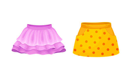 Summer clothes for little girl set. Pink and yellow cotton skirts cartoon vector illustrationのイラスト素材