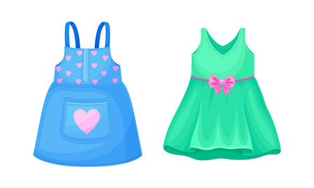 Clothes for little girl set. Cute blue and turquoise summer dresses cartoon vector illustrationのイラスト素材