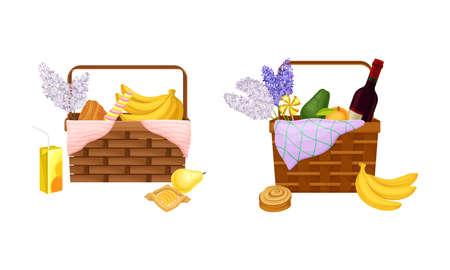 Picnic baskets full of food and drinks set. Wicker hampers with fruit, bottle of wine and bouquet of flowers cartoon vector illustrationのイラスト素材