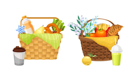 Picnic baskets full of food and drinks set. Wicker hampers with fruit, pretzel, croissant and drinks cartoon vector illustrationのイラスト素材